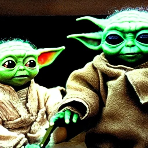 Image similar to baby yoda and yoda from empire strikes back playing with toys