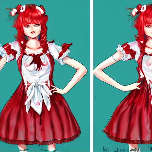 Prompt: twins wearing a lolita dress, full body shot, red hair, highly detailed, digital painting, artstation, concept art, smooth, sharp focus, illustration