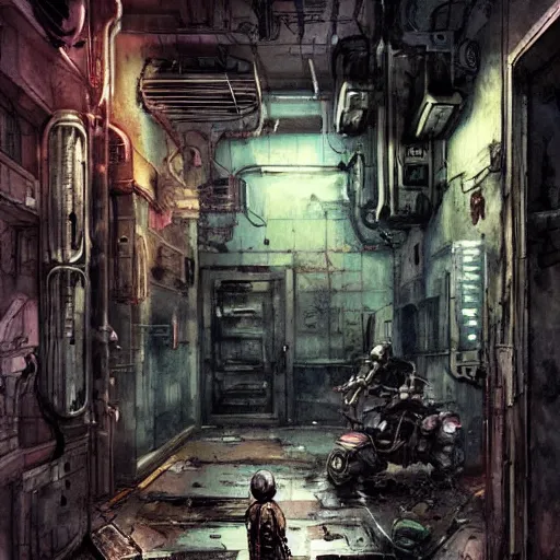 Prompt: Octopus in a hallway, cyberpunk, realistic, detailed, Industrial Scifi, paint, watercolor, in the style of Ashley Wood and Wadim Kashin