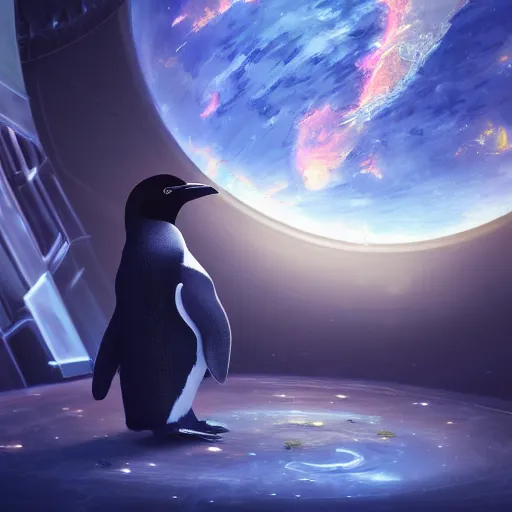 Prompt: magical penguin in a space station looking at the earth , realistic cinematic, volumetric lighting, centered, symmetrical, sharp focus, digital painting, mystical art, smooth, trending on Artstation, 4k