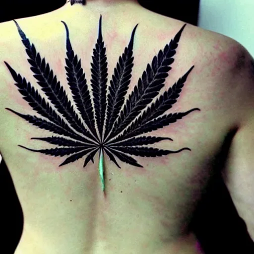 Image similar to back tattoo, tattoo photography, Marijuana, marijuana leaves, mushrooms, magic mushrooms, marijuana buds