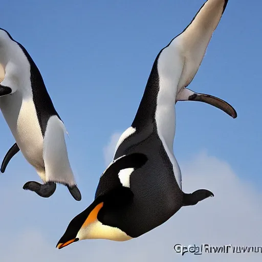 Image similar to penguin on a flying windmill by greg ruthkowski