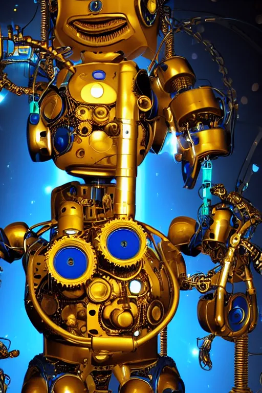 Image similar to portrait photo of a giant huge golden and blue metal humanoid steampunk robot female singer with headphones and gears and tubes, in the foreground is a big red glowing microphone, eyes are glowing green lightbulbs, shiny crisp finish, 3 d render, 8 k, insaneley detailed, fluorescent colors, background is multicolored lasershow