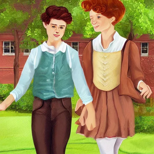 Image similar to Gilbert Blythe from anne with an e as college students, digital art