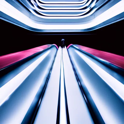 Image similar to approaching futuristic escalator inside white backlit tube with streaming beams of light, scintillating, movement, in the style of james turrell, 8 k, highly detailed, professional photograph, epic composition, modern details