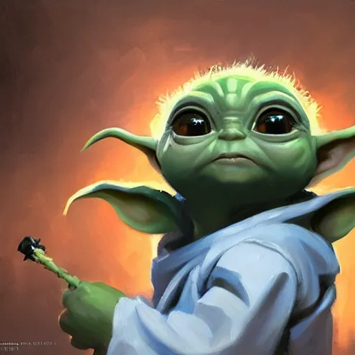 Image similar to greg manchess portrait painting of baby yoda grogu as overwatch character, medium shot, asymmetrical, profile picture, organic painting, sunny day, matte painting, bold shapes, hard edges, street art, trending on artstation, by huang guangjian and gil elvgren and sachin teng