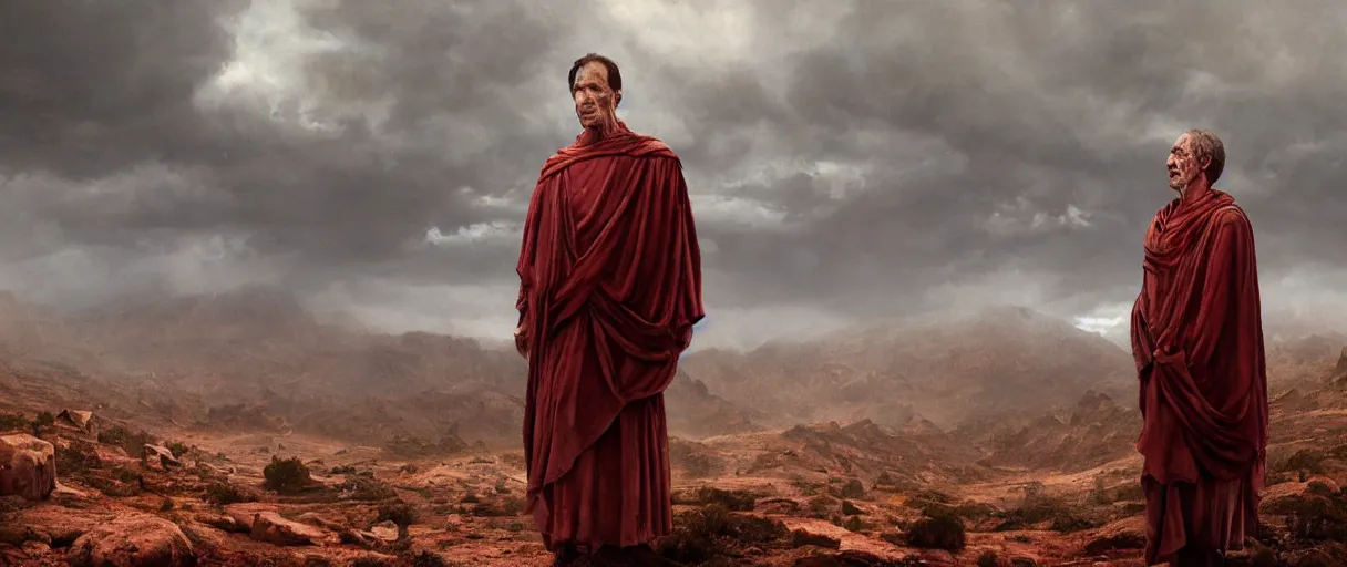 Prompt: the end is near. a tired and exhausted julius caesar somewhere in the atlas mountains. face is highly detailed. splices of red are running down his toga. mist. the soil is red. strong winds. dramatic sky. low angle wide shot. atmospheric. global illumination. octane render. imagined by jeremy lipking, greg rutkowski and eddie mendoza.