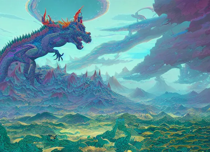 Image similar to psychedelic concept art of a dragon landscape made of thousands of dragons, cel shaded, in the style of makoto shinkai and moebius and peter mohrbacher and anton fadeev