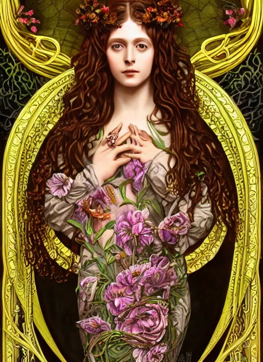 Image similar to ultradetailed ornate pre-raphaelite RPG illustration of beautiful symmetric Medusa radiating glowing aura, fully clothed with an art nouveau flowery dress, digital airbrush painting, 3d rim light, hyperrealistic masterpiece, artstation, cgsociety, kodakchrome, golden ratio