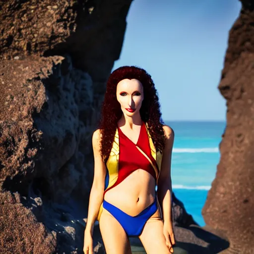 Image similar to a portrait of an sttng star trek klingon on holiday at risa, swimsuit, supermodel, model, star trek, photography, instagram, holiday, beach, high quality, sharp, cait miers, michael hoppen, qapla