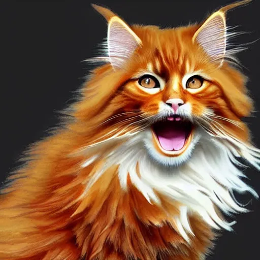 Prompt: orange maine coon cat yawning, norwegian forest cat, cuddly fur, highly detailed, sharp focus, digital painting, artwork by Victor Adame Minguez + Yuumei + Tom Lovell + Sandro Botticelli