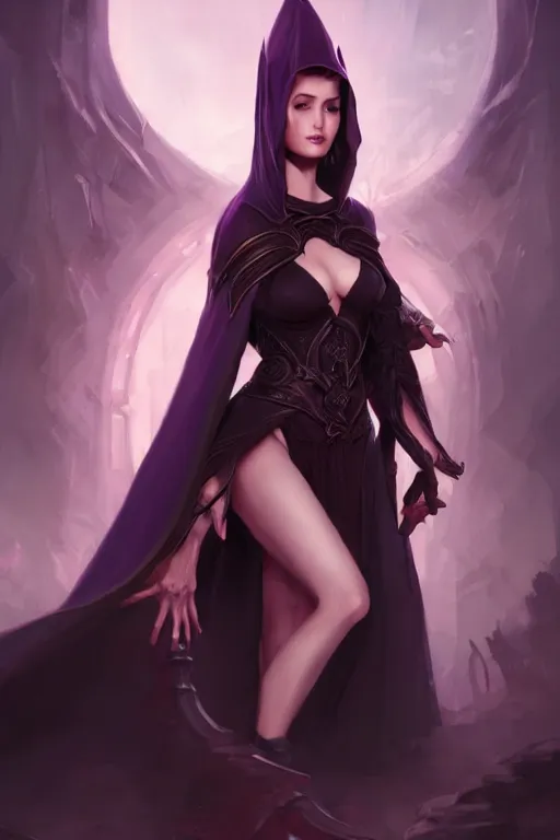 Prompt: Fantasy portrait, Necromancer, female, beautiful face, dark garments, dark pruple robes, midriff, Black cloak from neck to ankles, pin-up, shapely toned legs, matte painting, by WLOP, artstation
