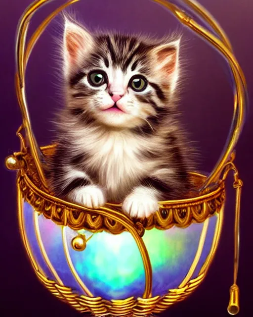 Image similar to cute kitten inside an ornate flying balloon basket of iridescent liquid, alchemy, shiny plastic, intricate, bloom, detailed, volumetric lighting, sharp focus, photorealism, digital painting, highly detailed, concept art, by by artgerm and wlop
