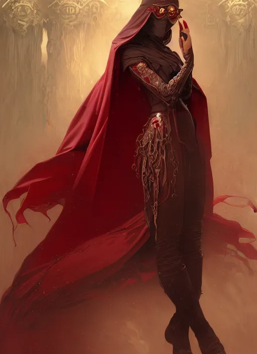 Image similar to person with no eyes wearing a dark red cape, fantasy, medieval wear, intricate, elegant, highly detailed, digital painting, artstation, concept art, smooth, sharp focus, illustration, art by artgerm and greg rutkowski, reimagined by alphonse mucha