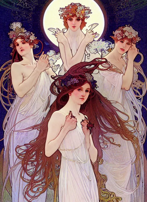 Prompt: group portrait of fairies of the moon, pale, white dress, mystical, lunacy, extremely detailed, digital illustration, by rossdraws, alphonse mucha, frank fanzzeta, collectible card art