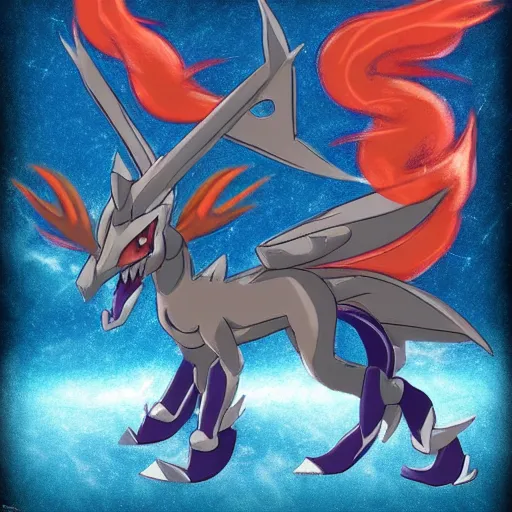 Image similar to a mixture of dialga and ponyta, Pokemon