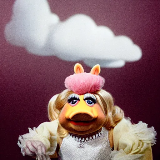 Image similar to a realistic top - down photograph of miss piggy standing next to a cloud, shot in professional studio