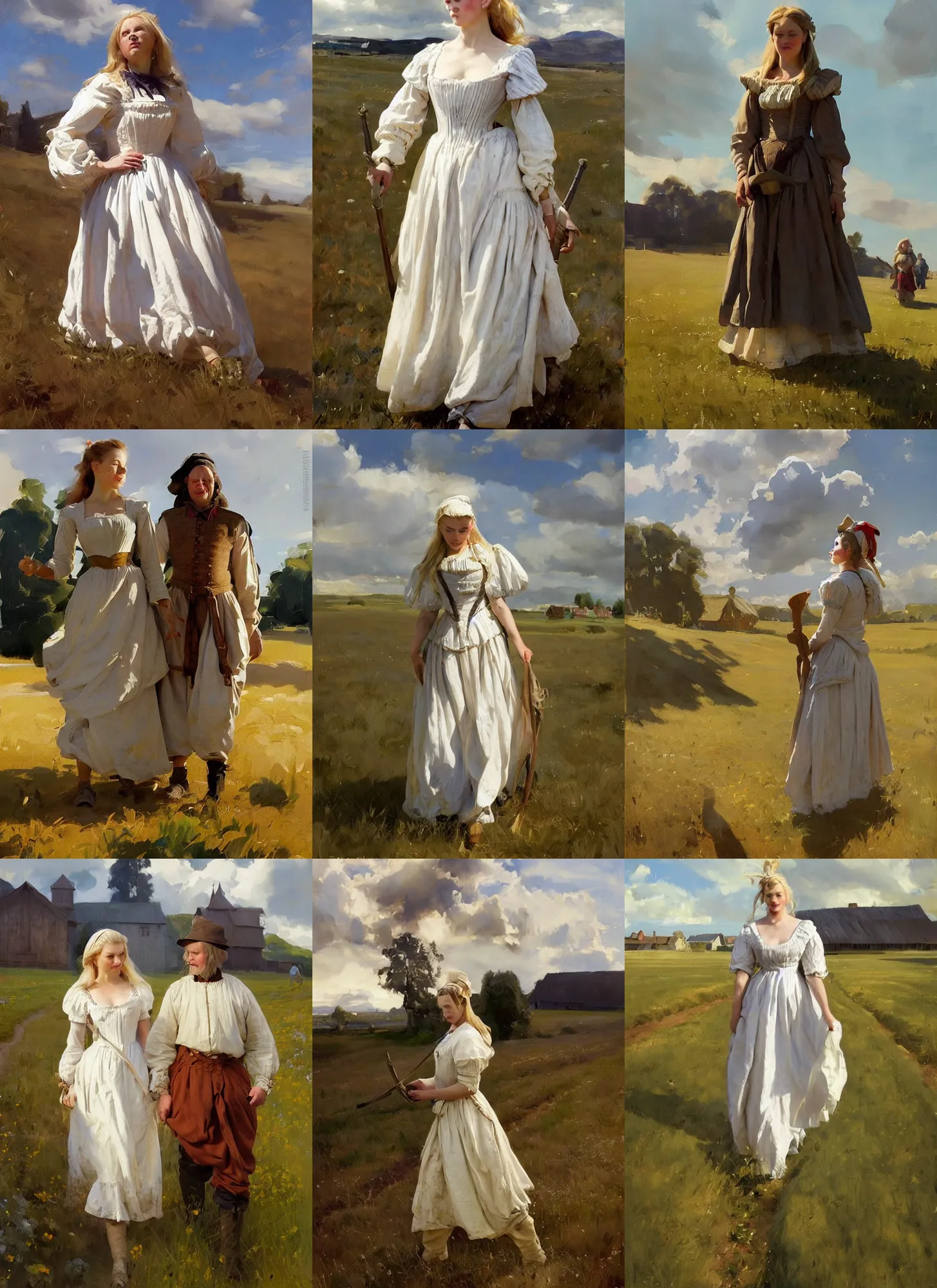 Prompt: finnish norway scandinavian attractive village maiden wearing 1 7 th century bodice walking in the field in a sunny day, jodhpurs greg manchess painting by sargent and leyendecker, fantasy, medium shot, asymmetrical, intricate, elegant, matte painting, illustration, by greg rutkowski, by greg tocchini, by james gilleard