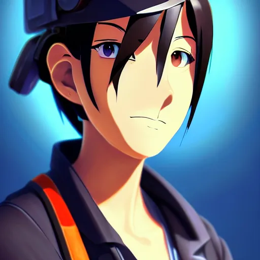 Image similar to beautiful makoto shinkai anime style digital painting portrait of engineer woman from team fortress 2 by valve, 4 k, 8 k, hd, high resolution, highly detailed, intricate detail, ultra realistic faces, digital art, trending on artstation, team fortress 2, your name, weathering with you