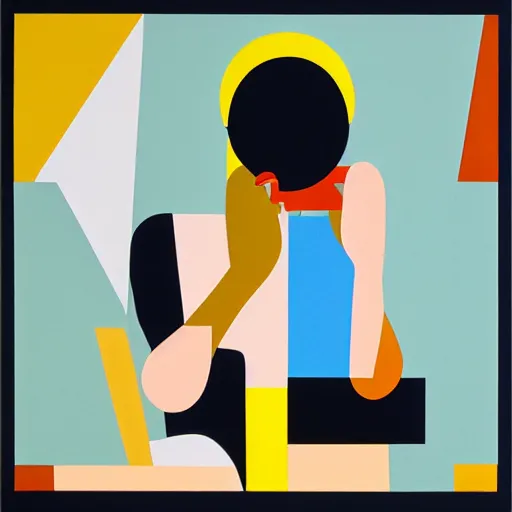 Prompt: portrait of a person on the phone, abstract painting in the style of Sophie Taeuber-Arp and Gary Hume and Tatsuro Kiuchi, flat colour-block style, geometric abstraction, dark colours