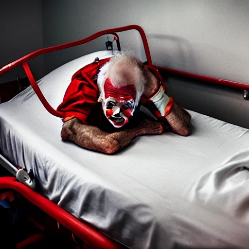 Prompt: crazy elderly clown lying in hospital bed with wrist restraints on, attached to hospital bed siderails, greg rutkowski, photograph, 8 k