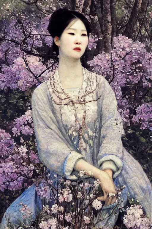 Image similar to close - up fashion asian woman portrait airy flowers sacura cloudy sky art by vasnetsov