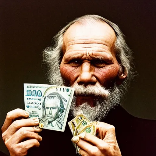 Image similar to portrait of Leo Tolstoy holding a pack of dollars, by Steve McCurry, clean, detailed, award winning