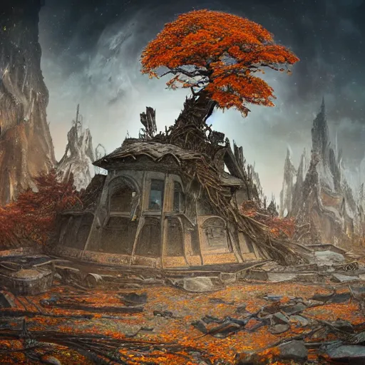 Image similar to a celestial cathedral in ruins, a single autumn maple bonsai blooms, decay and ruins, abandoned dreams and the futility of all human endeavor lie around by Jessica Rossier and HR Giger