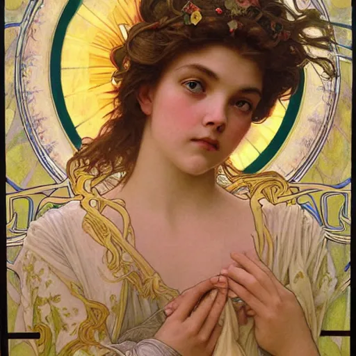 Image similar to detailed portrait art nouveau painting of the goddess of the sun, backlit, who resembles Anya Taylor Joy, Chloe Grace Moretz, and Emma Watson with anxious, piercing eyes, by Alphonse Mucha, Michael Whelan, William Adolphe Bouguereau, John Williams Waterhouse, and Donato Giancola