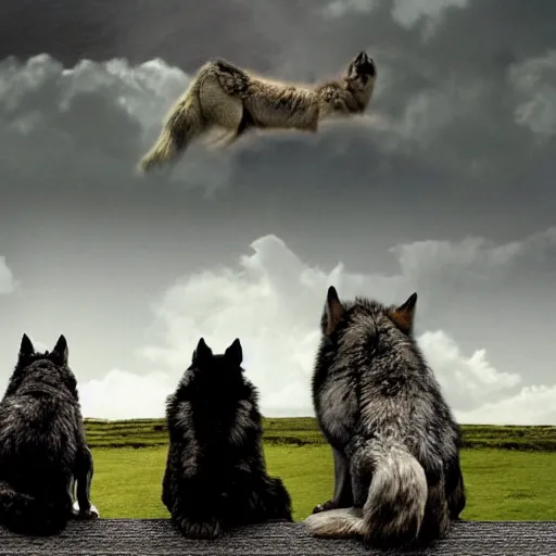 Prompt: wolf monsters sitting on the roof of a house in britain watching a pair of children walk down the road