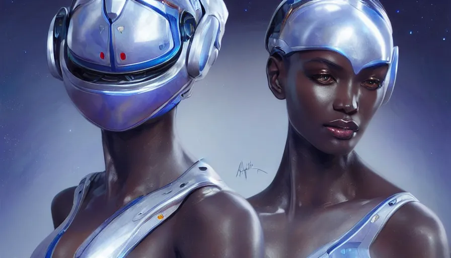 Image similar to concept art of very very very very very very beautiful african woman, spacesuit, futuristic cybernetic helmet, blue eyes, real life skin, intricate, elegant, highly detailed, artstation, concept art, smooth, sharp focus, art by artgerm and greg rutkowski and alphonse mucha