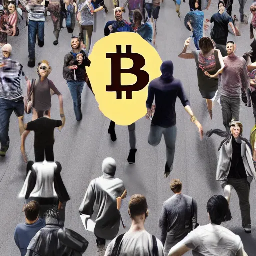 Image similar to people running away scared from a giant with bitcoin head, cinematic, 3D art, hyper-realistic, cryptocurrency, 8k