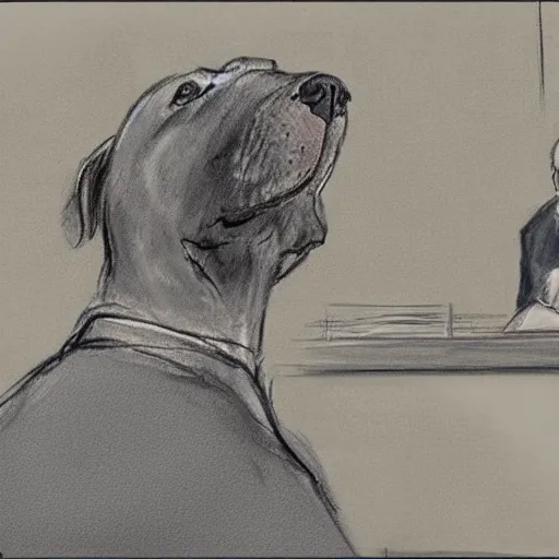 Image similar to a dog in a addressing a jury of mailmen, courtroom sketch