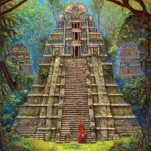 Image similar to ancient maya temple, art by daniel merriam, high details, complex decorations, beautiful view, mystical, very old, vines, hidden place, mysterious, enigmatic