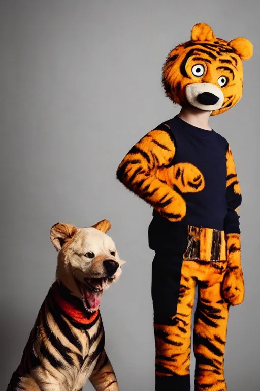 Image similar to portrait of Calvin and Hobbes costume, starring in live-action adaptation of the comics, cosplay portrait photograph,