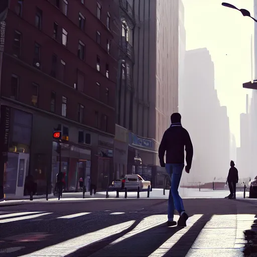 Prompt: A man walking on the sidewalk in the streets of New York, unreal engine, artstation, artstationHD, artstationHQ, extremely detailed, 4k, 8k, ultra high res, concept art