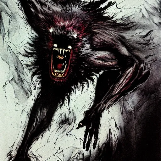 Image similar to dynamic action shot of a werewolf with long fangs and extended claws leaping forward, exaggerated muscle anatomy, crazed expression, by bill sienkiewicz, simon bisley and stephen gammell, horror, dark fantasy, extremely hyperdetailed, ghostly, 8 k, photorealism, hyperrealism, atmospheric lighting w 9 6 0