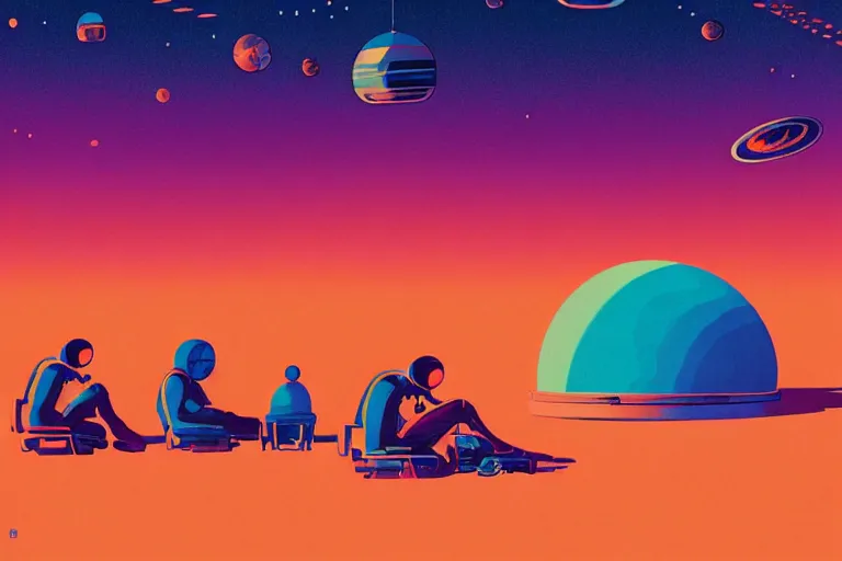 Prompt: cosmonauts sitting by the beach big holiday cake and retro futuristic poster cybernetic pattern nano enhancements, gradient space graphics in background, close up, quint buchholz, wlop, dan mumford, artgerm, liam brazier, peter mohrbacher, raw, artstation, octane render, cinematic, intricate, 8 k