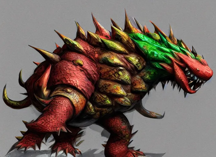 Image similar to detailed concept art of a huge giant bowser by cheng yi and luolin, artstation, artstationhd, detailed scales, spiky and red hair tuft green scales. bowser, bowser nintendo, koopa, ~ bowser # bowser ( ( mario ) ) bcy. net, realistic. reptile cheng yi, fire breathing. bowser deviantart