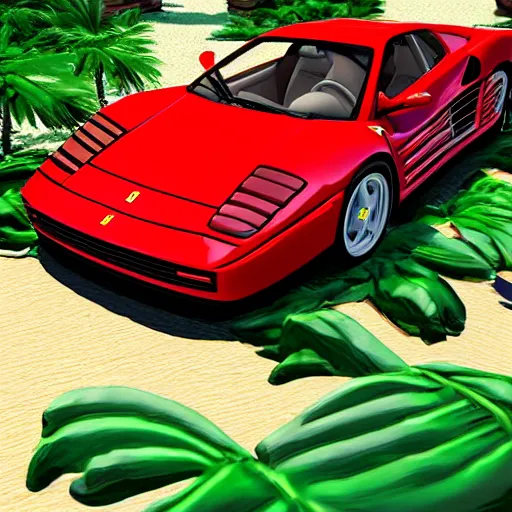 Image similar to a red Ferrari testarossa next to a white sand beach with palm trees. 16bit graphics. HD 8K. Intricate detail