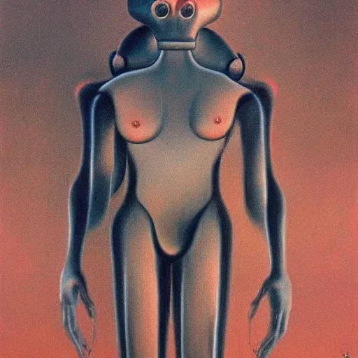 Image similar to i - robot as a zdzisław beksinski painting, surreal, godlike, red shading