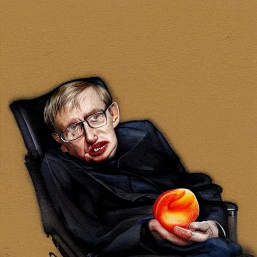 Prompt: stephen hawking eating a peach delicious food art greg rutkowski james gurney