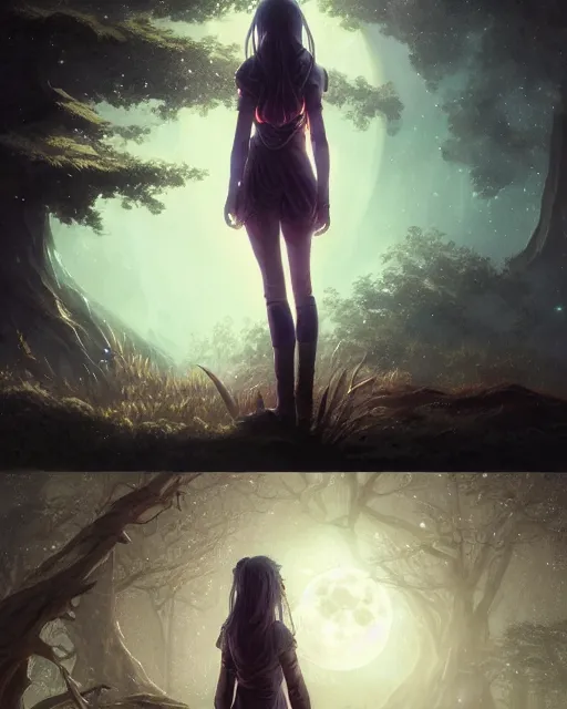 Prompt: girl looks at the space, d & d, fantasy, mist, full moon in background, trees, hyper detailed, art by artgerm and greg rutkowski and magali villeneuve, midium shot, 8 k realistic, cryengine, digital painting, trending on artstation, concept art, sharp focus, illustration,