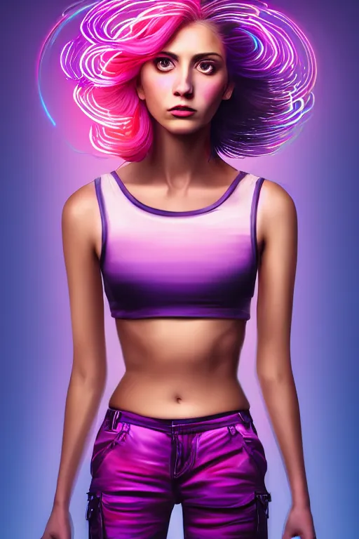 Image similar to a award winning half body portrait of a beautiful woman with stunning eyes in a croptop and cargo pants with ombre purple pink teal hairstyle by thomas danthony, surrounded by whirling illuminated lines, outrun, vaporware, shaded flat illustration, digital art, trending on artstation, highly detailed, fine detail, intricate