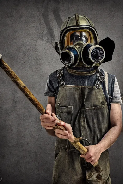 Prompt: a man in overalls and a gas mask with a helmet, holding a pickaxe in one hand and lowered the other, standing against the background of a heart, superrealism, high-quality details, realistic materials, attention to detail, elaborated depth of field, high-quality composition