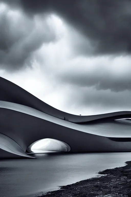 Image similar to a zaha hadid building in a stunning landscape by ansel adams, stormy weather, extreme detail photo quality, dark moody colors, featured on behance