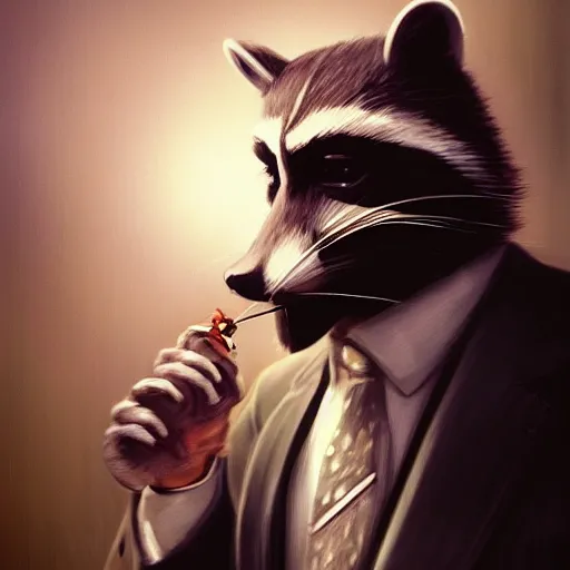 Image similar to a racoon wearing a suit smoking a cigar, dramatic lighting, cinematic, establishing shot, extremly high detail, photorealistic, cinematic lighting, artstation, style by James Gurney