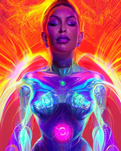 Image similar to a powerful energy psychedelic matrix woman, by alexander fedosav, hyper detailed digital matte painting, concept art, hyperrealism, 1 6 k resolution, cinema 4 d, 8 k resolution, trending on artstation, behance hd, a masterpiece, by stephan martiniere, particles, cel - shaded, power bright neon energy, by david a. hardy,