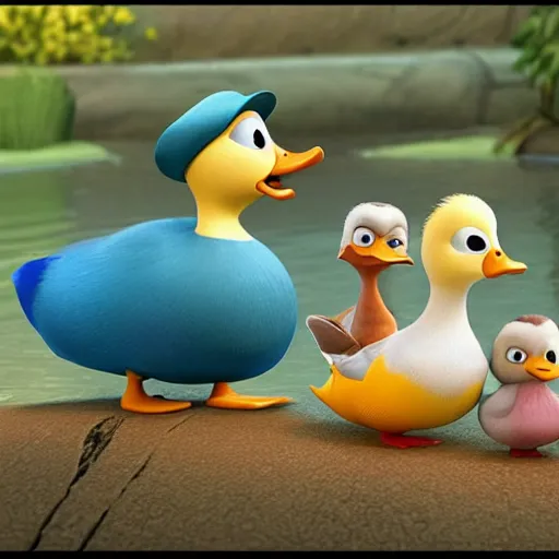 Image similar to Cute little duck family, still from a pixar!! movie