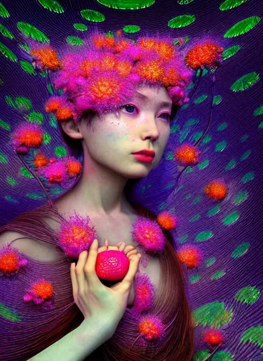 Image similar to hyper detailed 3d render like a Oil painting - kawaii Aurora (Singer) seen Eating of the Strangling network of yellowcake aerochrome and milky Fruit and Her delicate Hands hold of gossamer polyp blossoms bring iridescent fungal flowers whose spores black the foolish stars by Jacek Yerka, Mariusz Lewandowski, Houdini algorithmic generative render, Abstract brush strokes, Masterpiece, Edward Hopper and James Gilleard, Zdzislaw Beksinski, Mark Ryden, Wolfgang Lettl, hints of Yayoi Kasuma, octane render, 8k